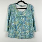Chicos T Shirt Size 3 US XL Blue Green Floral 3/4 Sleeves Cotton