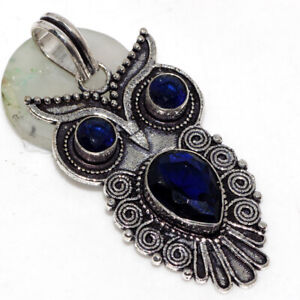 Blue Topaz 925 Silver Plated Owl Gemstone Pendant 2.2