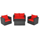 4PCS Patio Rattan Furniture Set Cushioned Sofa Chair Coffee Table Garden Red