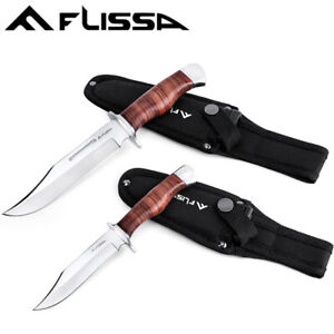 Flissa 2PC Fixed Blade Bowie Knife Hunting Knife Full Tang Leather Handle Sheath