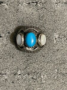 Old Pawn Turquoise Mother of Pearl Ring Sterling Silve9Size 10