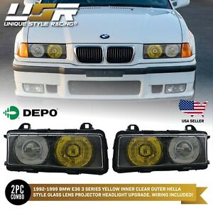 French Yellow/Clear GLASS Lens DEPO Euro Hella Projector Headlights For BMW E36 (For: BMW)