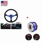 Blue 345mm Deep Dished Racing Steering Wheel+Ball Quick Release Adapter Kit