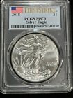 2018 $1 AMERICAN SILVER EAGLE PCGS MS70 FLAG FIRST STRIKE LABEL