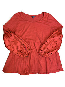 Torrid Red Scoop Neck Babydoll Long Eyelet Sleeve Top Shirt 1X 14 16 Plus Size