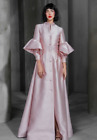 Women Pink Designer Long Maxi Blazer Silk Dress Frilled Sleeves Buckle Closure