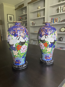 Pair of Vintage Chinese Cloisonne Enamel Vase with Crane and Peony, Rare Antique