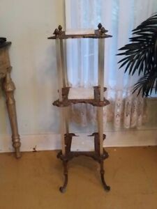 Vintage Ornate Victorian Brass Marble Top 3 Tier Plant Fern Stand Table