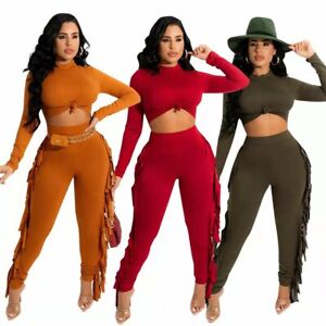 Stylish New Women Tassel Patchwork Long Sleeves Solid O Neck Sporty Pants Set
