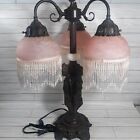 Tiffany Style Lamp 3 Pink Glass Shades Beaded Fringe Metal Base 3 Ladies 23
