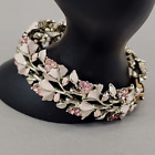 Coro Linked Bracelet Vtg Pink Rhinestone Cream Enamel Flower Leaf Gold Tone 7