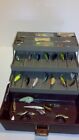 Vintage My Buddy 3 tier tackle box 2-toned brown with a lot of vintage lures