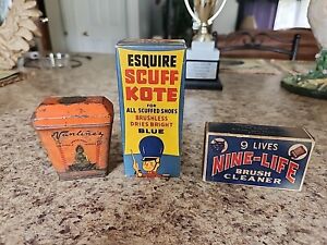 3 Vintage Items, 9 Lives Nine-life BRUSH Cleaner, Esquire Scuff Kote & Vanlines
