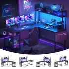Reversible L shaped Gaming Desk w/LED Computer Desk w/Storage Shelf Power Outlet