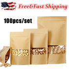 100pcs Stand Up Kraft Paper Food Bags Clear Window for Zip Gift Resealable Lock