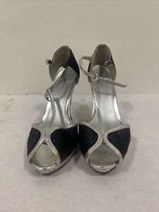 Charlotte Russe Womens Black & Silver High Heels Size 10 Straps Shoes Open Toe