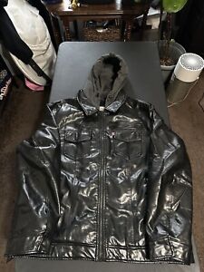 Levis Bomber Jacket Mens Leather Black Faux Leather Sherpa Lined Hooded XL