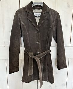 Wilson's Leather Brown Suede Leather Retro Belted Trench Coat Jacket Size Small