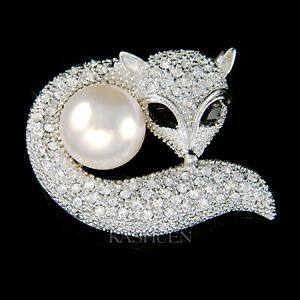 ~White Fox~ made with Swarovski Crystal Cream Pearl Pin Brooch Jewelry Xmas Gift