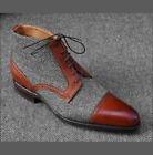 Mens Handmade Boots Two Tone Grey & Brown Ankle Formal Wear Casual Dress Shoes