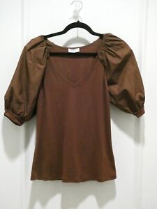 NWOT A loves A PUFFY SLEEVES Brown Stretch  V neck top  M Dillards $59 New
