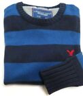 American Eagle Wool Crew Neck Sweater Vintage Fit Blue Striped Cotton Mens NEW