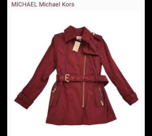 Michael Kors Trench Coat Burgundy Jacket Zip Hood Belt Women’s Small