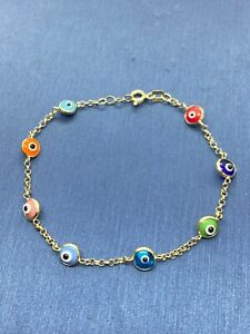 14K Solid Gold 5MM Evil Eye Charms with Rolo Chain Bracelet - Colors (Multicolor