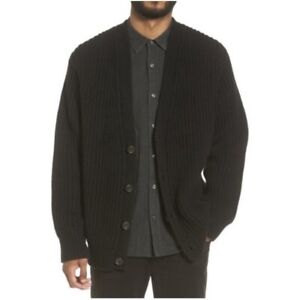 Vince Men's Wool Cashmere Medium Distressed Button Up Cardigan Sweater Black