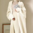 White Long Cardigan for Women  Knitted Fluffy Long Sleeve Cashmere Sweater Coat