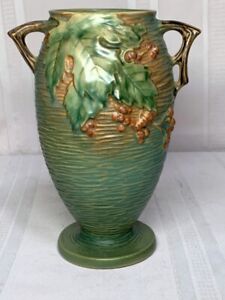 New ListingROSEVILLE POTTERY, BUSHBERRY, GREEN DOUBLE HANDLED SWOLLEN FORM VASE, VERY NICE~