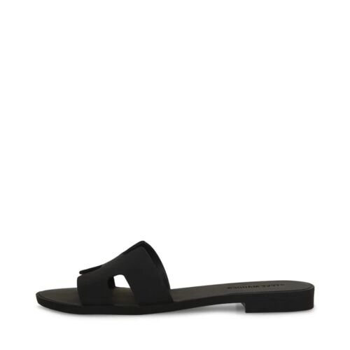 Steve Madden Hadyn-J Black Leather Slip On Open Rounded Toe Fashion Flat Sandals