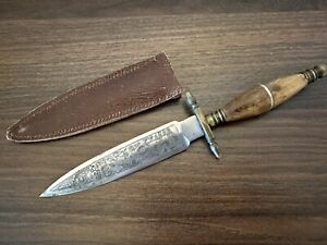 Toledo Spain Etched Fixed Blade Wood Handle Dagger Knife With Leather Sheath