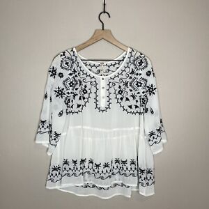 Free People Size Large Pennies Sequel Sheer White Black Embroidered Babydoll Top