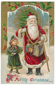 Postcard Christmas Santa Claus Walking with Little Girl