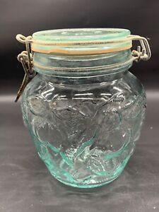 Vintage Fruit Embossed Green Glass Canister Jar Hinged Lid Hermetic Italy