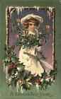 New Year Little Girl Hold to Light HTL Pine Bough Die-Cut c1910 Postcard