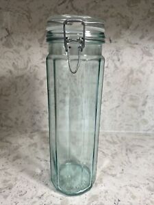 Vintage Hermetic Green Tint Glass Storage Jar Paneled Sides Italy 13” Tall