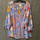Fig & Flower Top Blouse Womens Plus 3X Floral Boho Sheer Tie 3/4 Sleeve Tunic