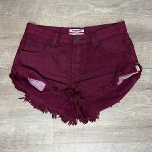 One x One Teaspoon Bandits Frayed Raw Hem Shorts in Bordeaux Red Size 24