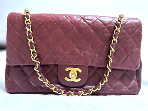 AUTH! VTG CHANEL W flap 25 Turn Lock 2way Style Chain Shoulder Bag Bordeaux Red