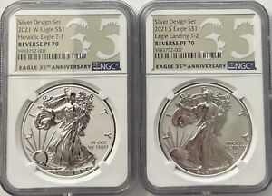 2021-W & S $1 PF70 Reverse Proof Silver Eagle Designer 2 Coin Set NGC Type 1 & 2