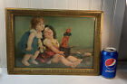 Vtg Antique Gold Frame JACK-IN-THE-BOX Toy SCARE Two Sister Little Girls Print