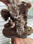 REPORT Brown Leather Snow Boot Women's Size 10  Faux Fur Pom Poms Lace Up