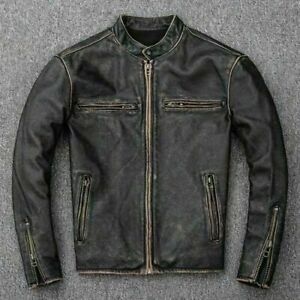 Men's Biker Distress Cafe Racer Black Real Leather Jacket