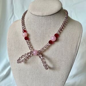 Faceted Smokey Glass Bead Rose Quartz Crystal Stone Bow Tie Silver Tone Necklace