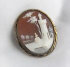 Antique Carved Shell Lady by Castle Cypress Tree Scenic Cameo Brooch Pin