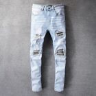 Men's Knee Ripped Pleated Skinny fit Patch Stretch Distressed Denim Blue Jeans