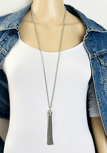 Silver Tone Pebbled Tassel Chain Long Necklace
