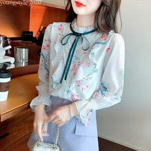 Elegant Korean Womens Ruffle Bow Bell Sleeve Floral Chiffon Blouse Tops Shirts
